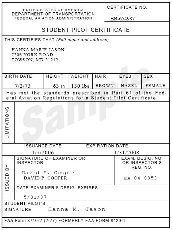 Student Pilot Certificate