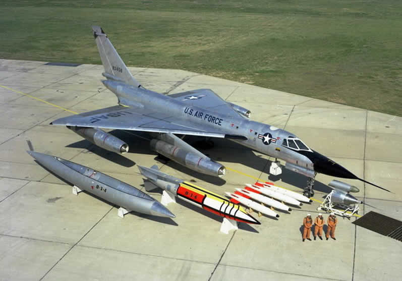 b-58 bomber with pilots and bomb load
