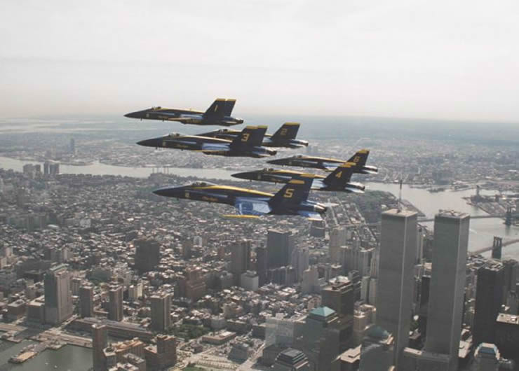 blue angels flying over the world trade center