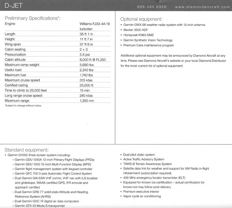 diamond d-jet specifications and standard equipment