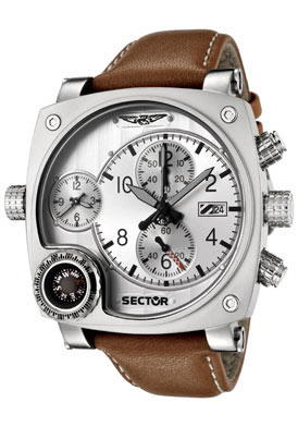 Sector R Men's Compass Chronograph Dual Time Light Brown Leather Pilot's Watch