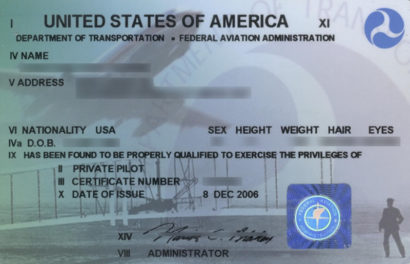 Private Pilot License DOT FAA Sample