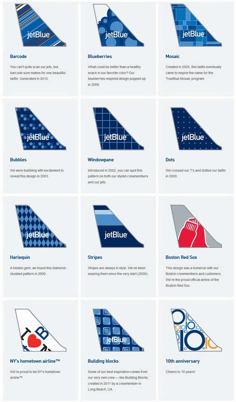 jetBlue airways aircraft tail paintings livery building blocks, 10th anniversary, barcode, blueberries, mosaic, bubbles, windowpane, dots