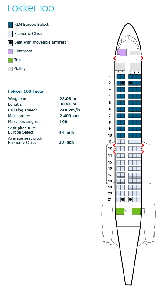 klm royal dutch airlines fokker 100 aircraft seating map