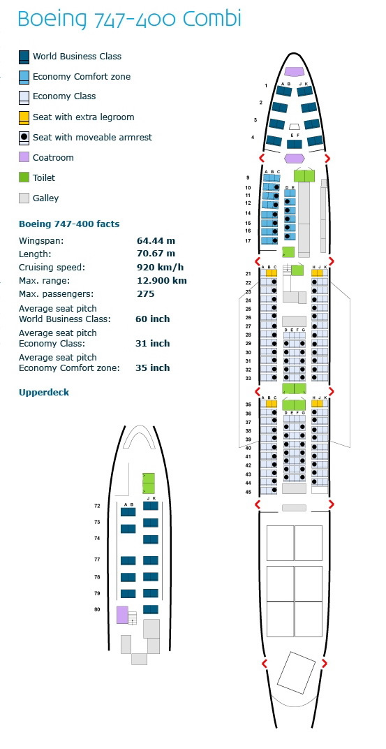 klm royal dutch airlines boeing 747-400combi aircraft seating layout chart