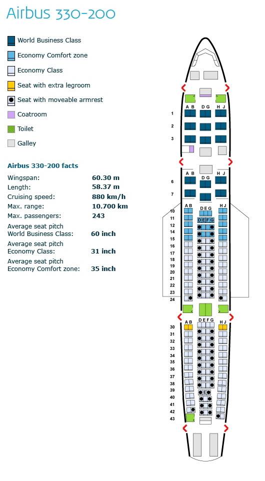 klm royal dutch airlines airbus a330-200 aircraft seating chart