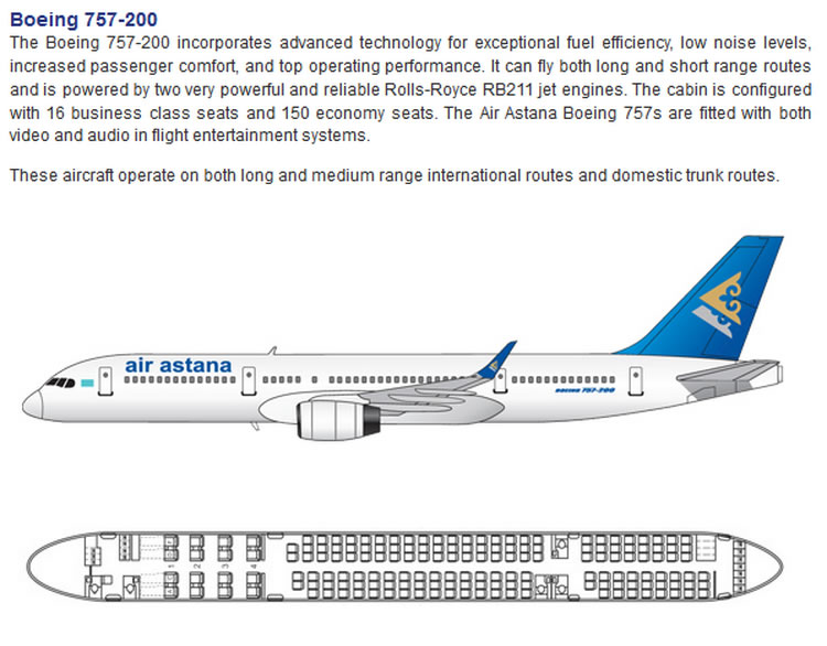 AIR ASTANA AIRLINES BOEING 757-200 AIRCRAFT SEATING CHART