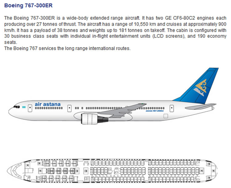 AIR ASTANA AIRLINES BOEING 767-300ER AIRCRAFT SEATING CHART
