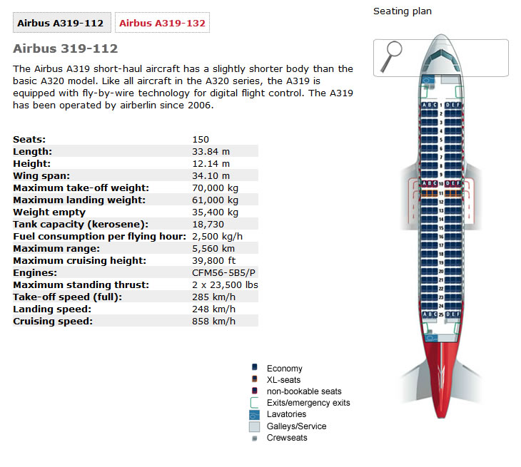 AIR BERLIN AIRLINES AIRBUS A319 AIRCRAFT SEATING CHART