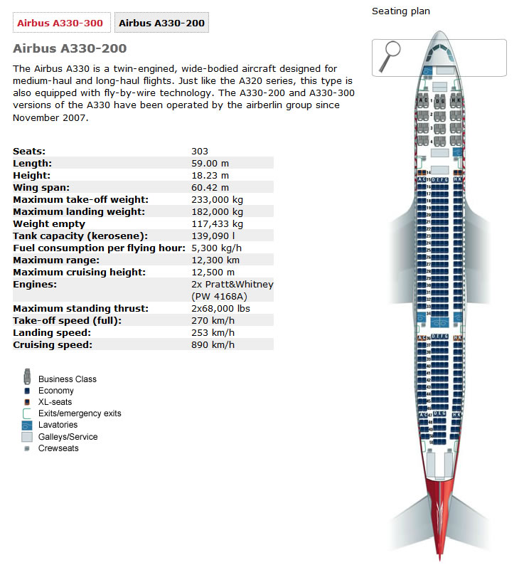 AIR BERLIN AIRLINES AIRBUS A330-200 AIRCRAFT SEATING CHART