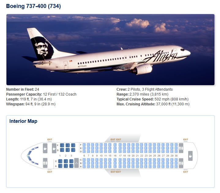 ALASKA AIRLINES BOEING 737-400 AIRCRAFT SEATING CHART