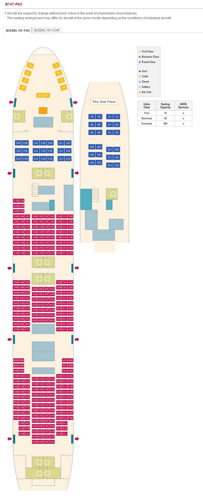 ASIANA AIRLINES BOEING 747-PAX AIRCRAFT SEATING CHART