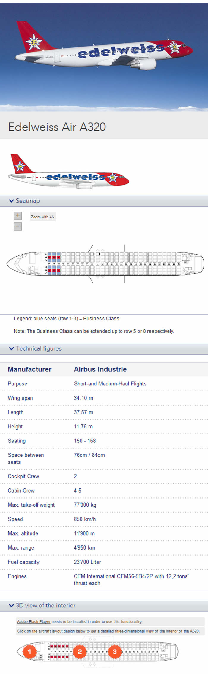 EDELWEISS AIRLINES AIRBUS A320 AIRCRAFT SEATING CHART