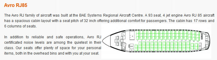EZNIS AIRWAYS AIRLINES AVRO RJ85 AIRCRAFT SEATING CHART