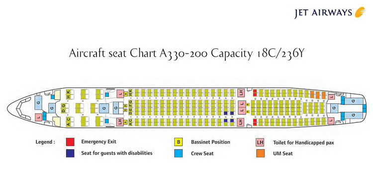 JET AIRWAYS AIRLINES AIRBUS A330-200 AIRCRAFT SEATING CHART