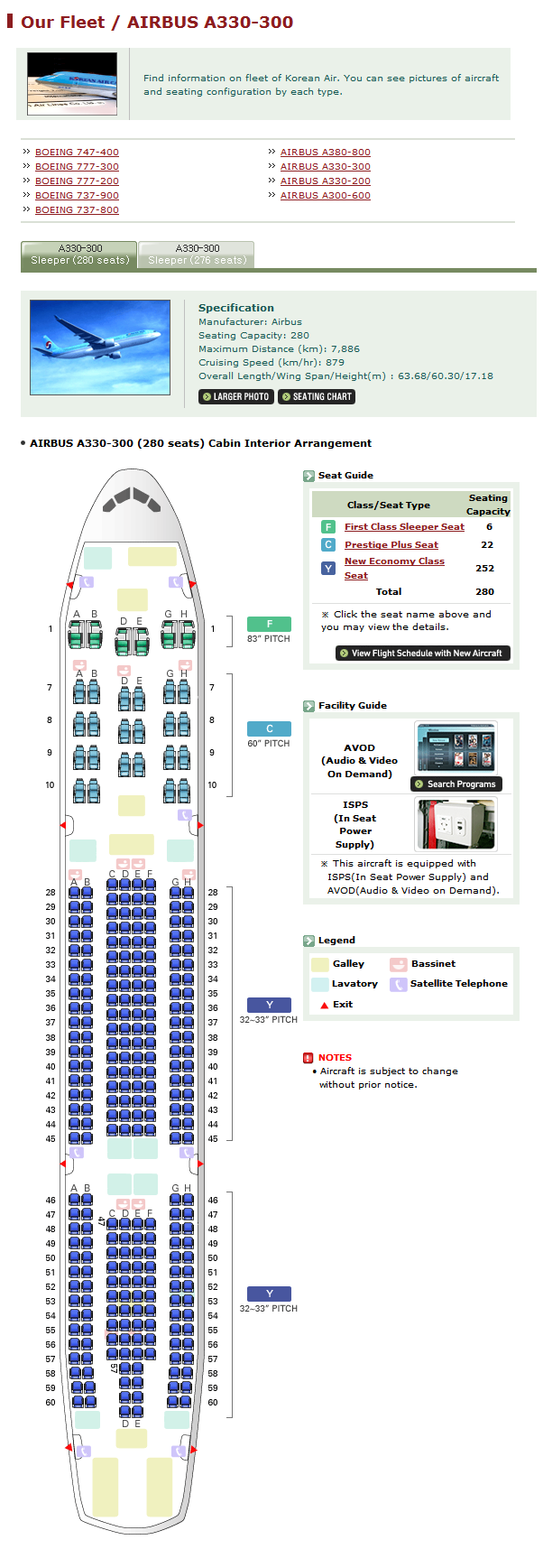KOREAN AIR AIRLINES AIRBUS A330-300 AIRCRAFT SEATING CHART