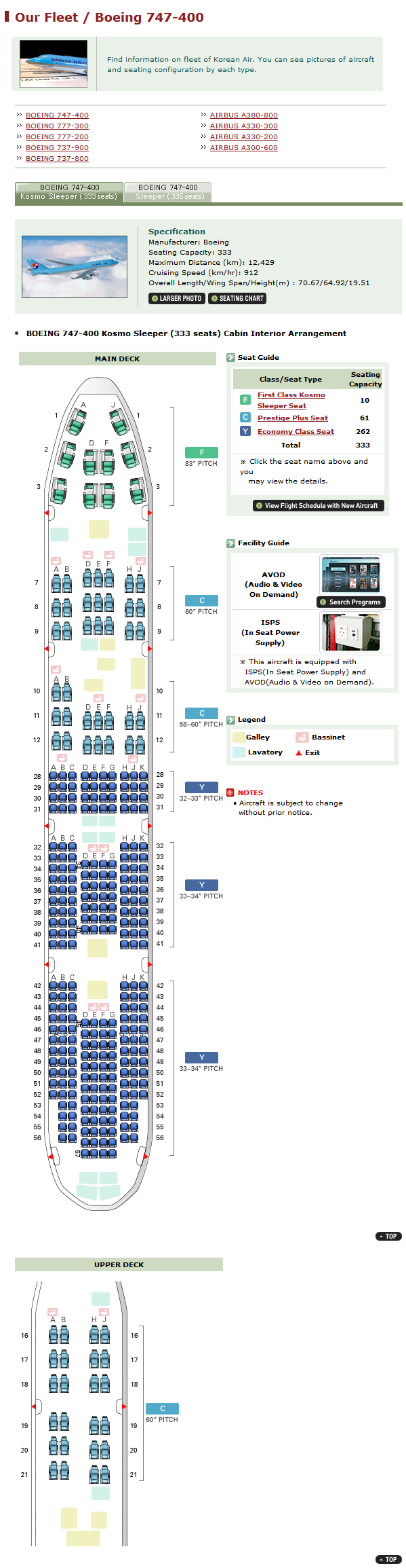 KOREAN AIR AIRLINES BOEING 747-400 AIRCRAFT SEATING CHART