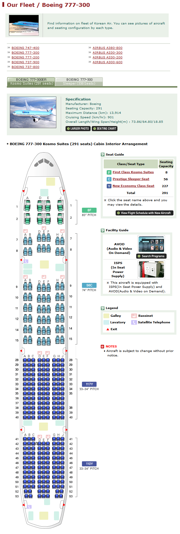 KOREAN AIR AIRLINES BOEING 777-300 AIRCRAFT SEATING CHART