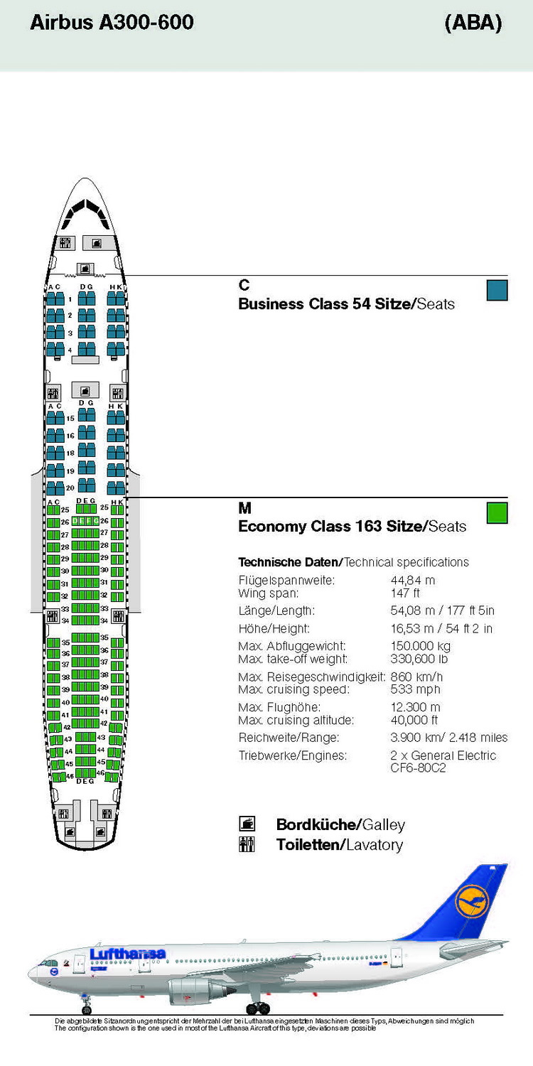LUFTHANSA AIRLINES AIRBUS A300-600 AIRCRAFT SEATING CHART