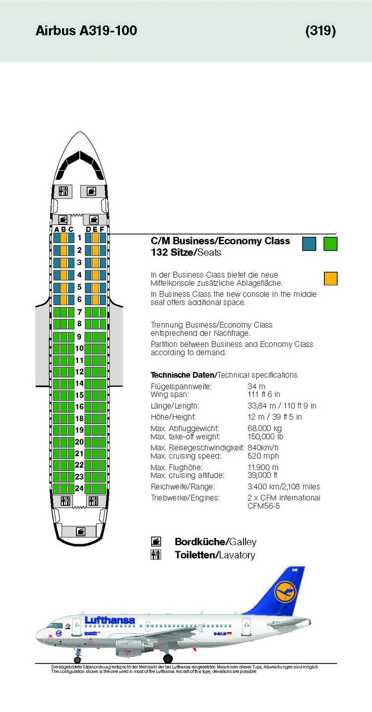 LUFTHANSA AIRLINES AIRBUS A319-100 AIRCRAFT SEATING CHART