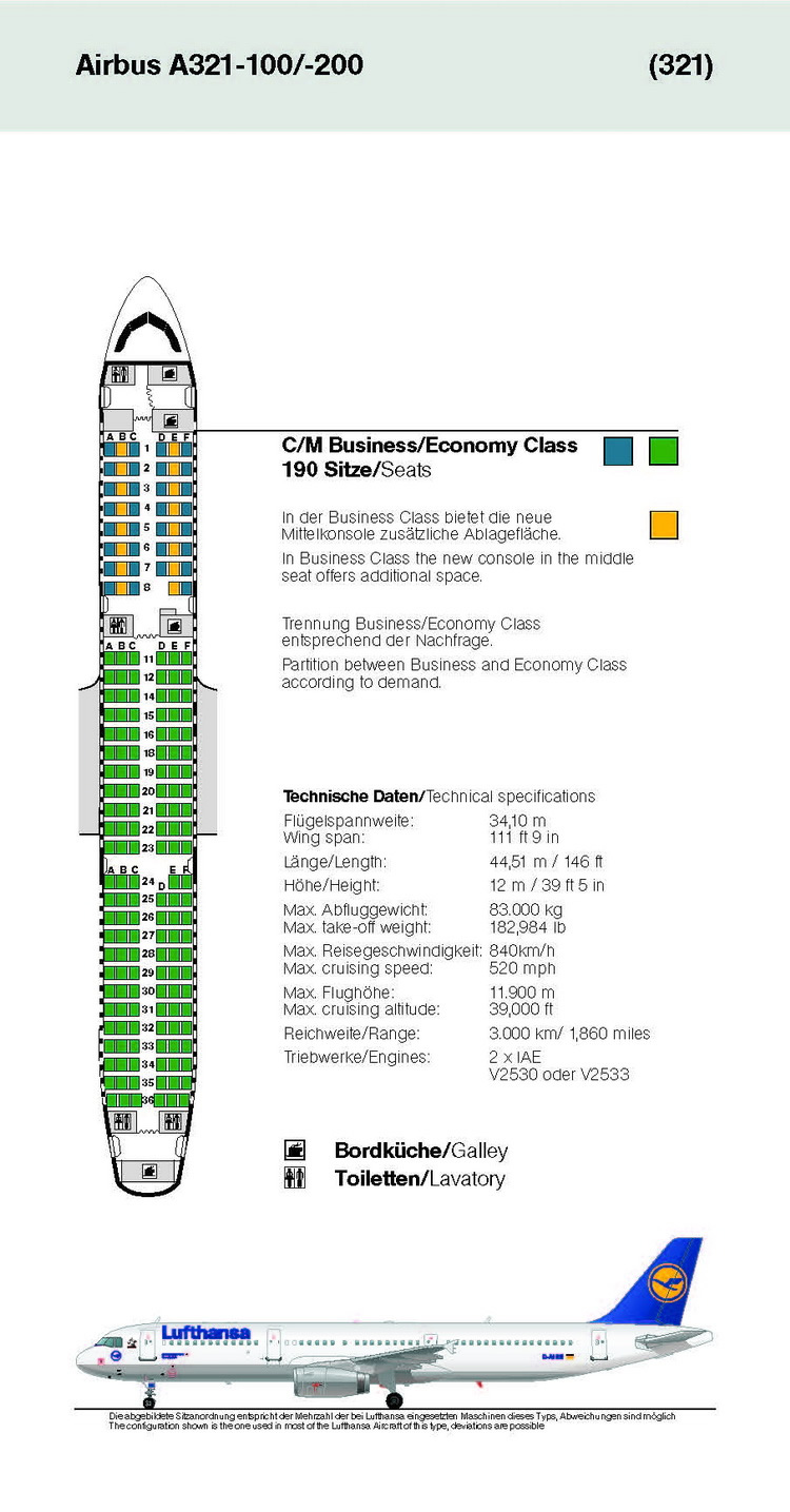 LUFTHANSA AIRLINES AIRBUS A321-100 AIRCRAFT SEATING CHART