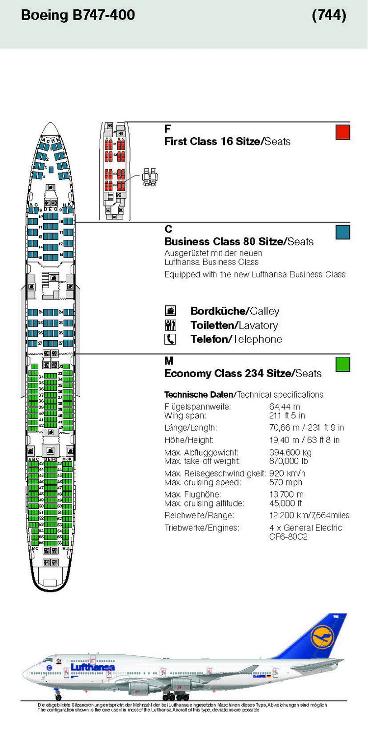 LUFTHANSA AIRLINES BOEING 747-400 AIRCRAFT SEATING CHART