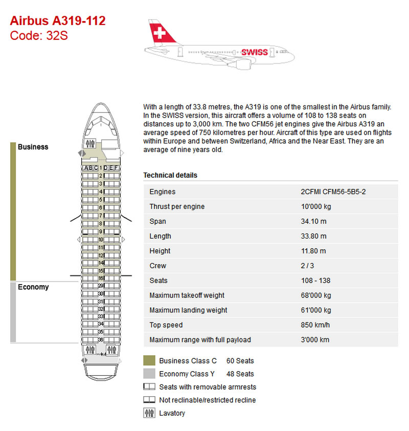 SWISS AIR AIRLINES AIRBUS A319 AIRCRAFT SEATING CHART