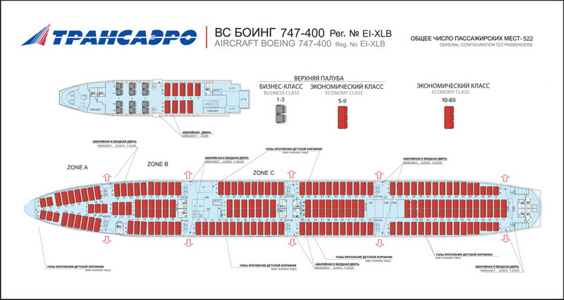 TRANSAERO (RUSSIAN) BOEING 747-400 AIRCRAFT SEATING CHART
