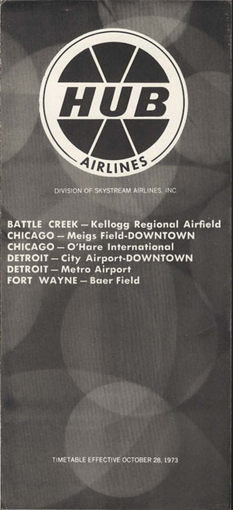 vintage airline timetable for HUB Airlines