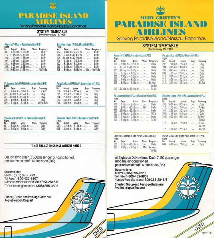 vintage airline timetable for Paradise Island Airlines