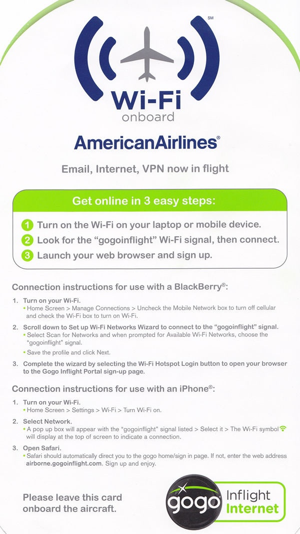 american airlines wi-fi onboard card front