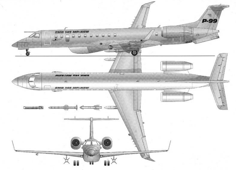military version embraer erj145 jet 3 view schematic blue print drawing