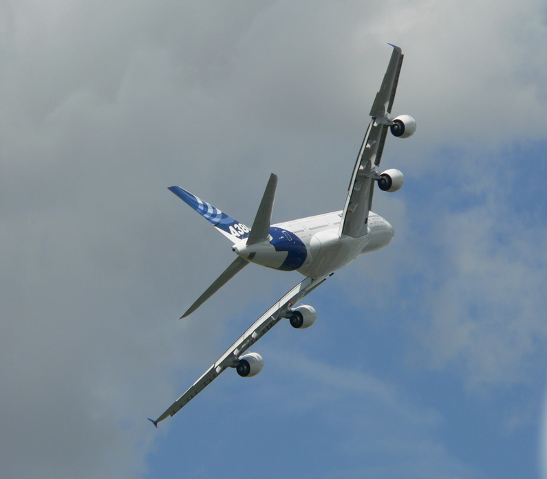 A380 BANKING SHARPLY IN FLIGHT